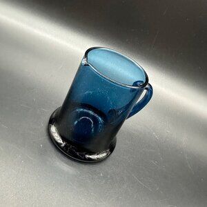 Vintage Hand Blown Blue Glass Pitcher Creamer Spout Applied Handle Art Glass